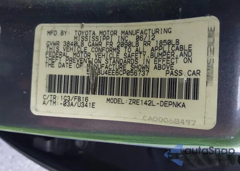 2012 Toyota Corolla Le из США, поврежденный, VIN 5YFBU4EE6CP056737